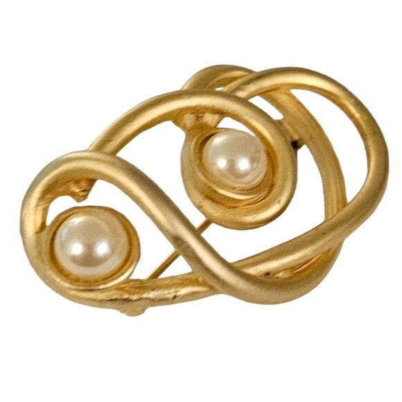 Matte Gold Tone Faux Pearl Modernist Open Brooch Pin L143 - Picture 3 of 8